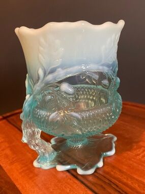 Mosser Glass Aqua Light Blue Opalescent Oak  Acorn Pattern Spoon Holder Spooner